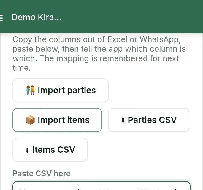 Import screen with the Import items button selected and the paste box below it