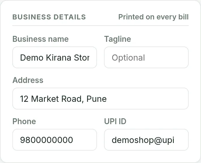 Invoice Saathi Setup screen with business name, address, phone and UPI ID filled in for a demo shop