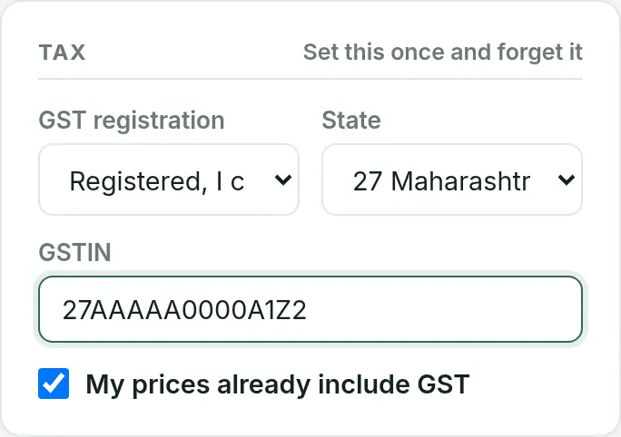 Setup Tax section set to Registered, I charge GST, with state and GSTIN